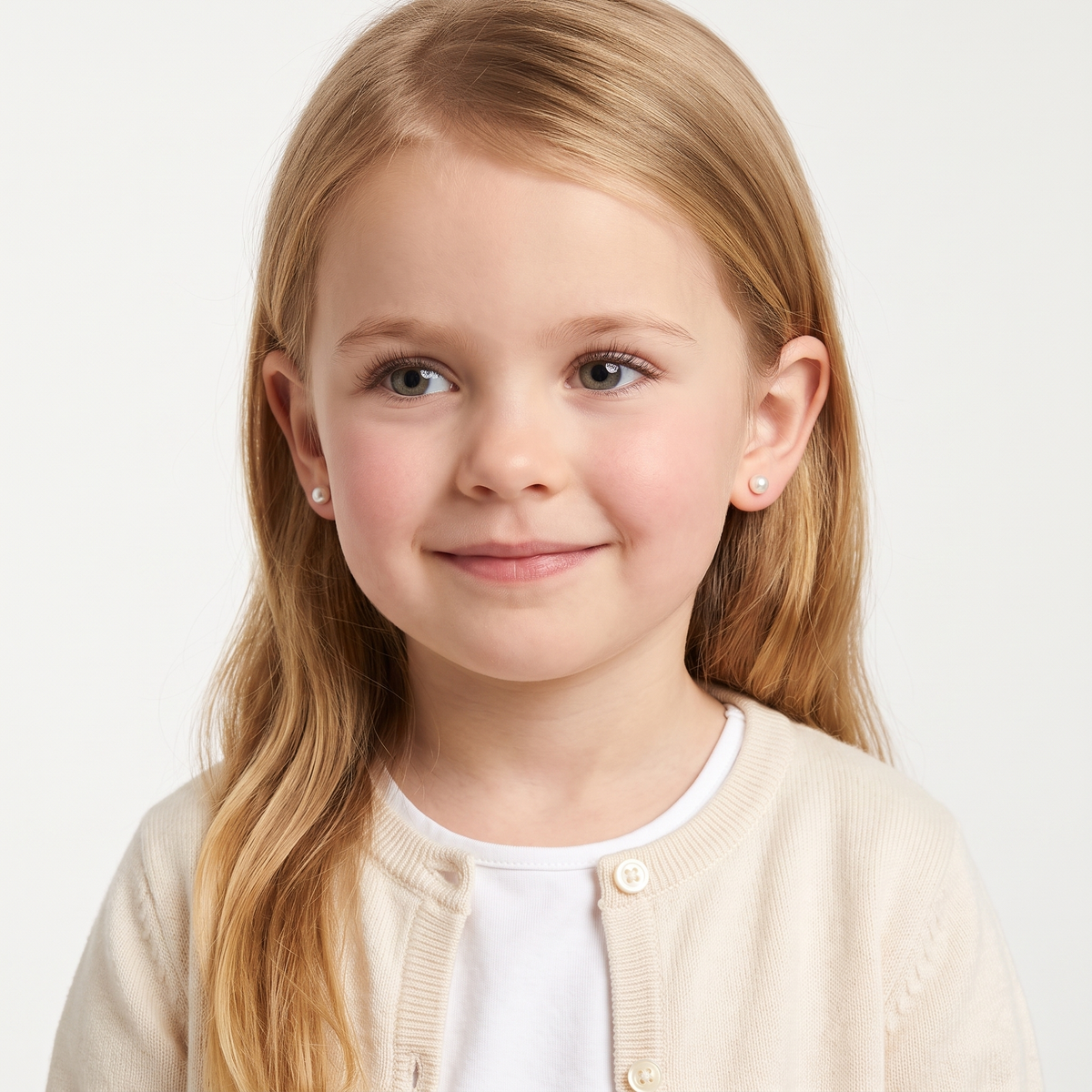 Kids Sterling Silver White Pearl Stud Earrings On Young Model Child