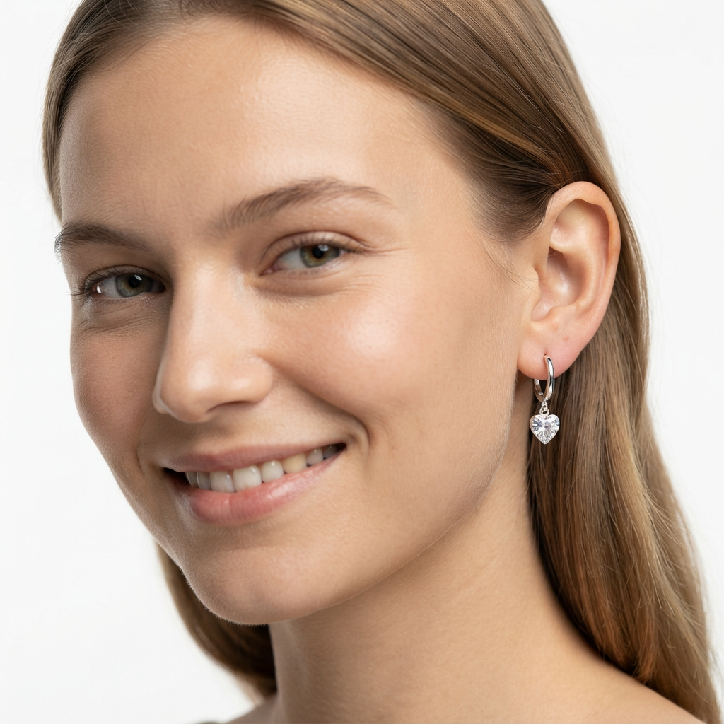 A close-up of a smiling woman wearing a small silver hoop earring with a dangling heart-shaped clear gemstone on her ear.