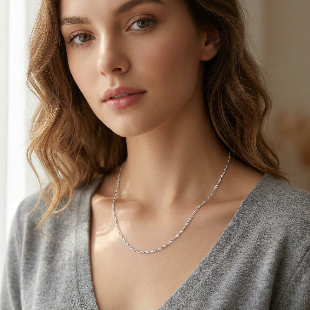 925 Sterling Silver Singapore Chain Necklace 18 Inch