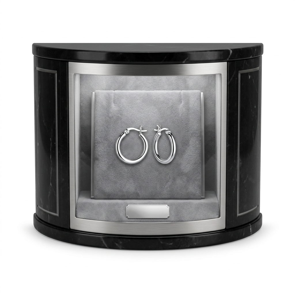 Elegant jewelry display featuring silver hoop earrings in a black marble case.