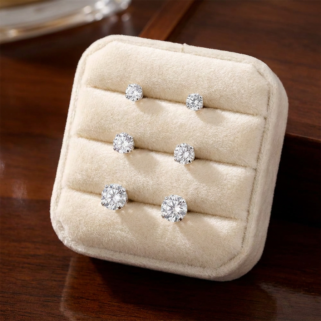 Three pairs of sterling silver round cubic zirconia stud earrings in 3mm, 4mm and 5mm sizes displayed on a cream velvet jewellery cushion