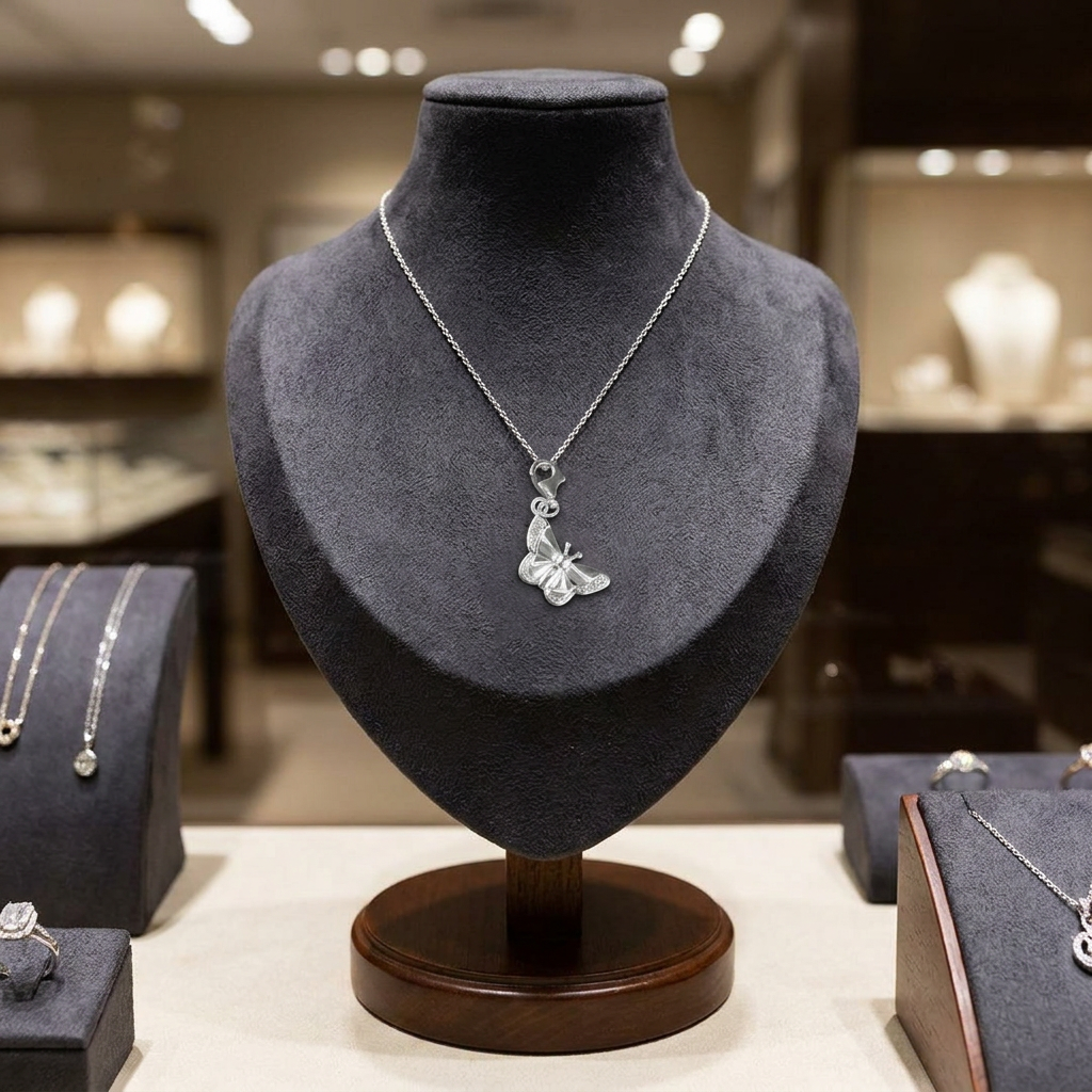 Sterling silver butterfly clip-on charm displayed on jewellery bust, Melchior Jewellery
