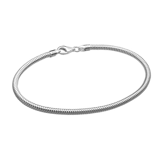 925 silver European bracelet with sterling snake chain design, ideal for charm fit and compatible with major brands. Sleek and polished finish.