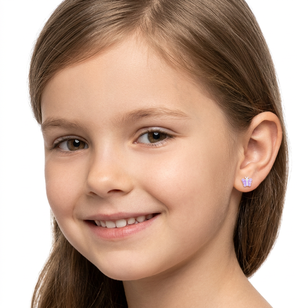 A close-up portrait of a young girl with brown hair wearing a small lavender-purple butterfly stud earring on her left ear, set against a plain white background.