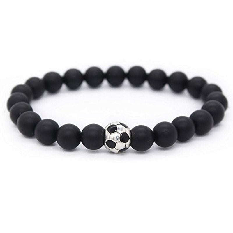 Girls Boys Natural Black Matte Stone Football Charm Beaded Bracelet