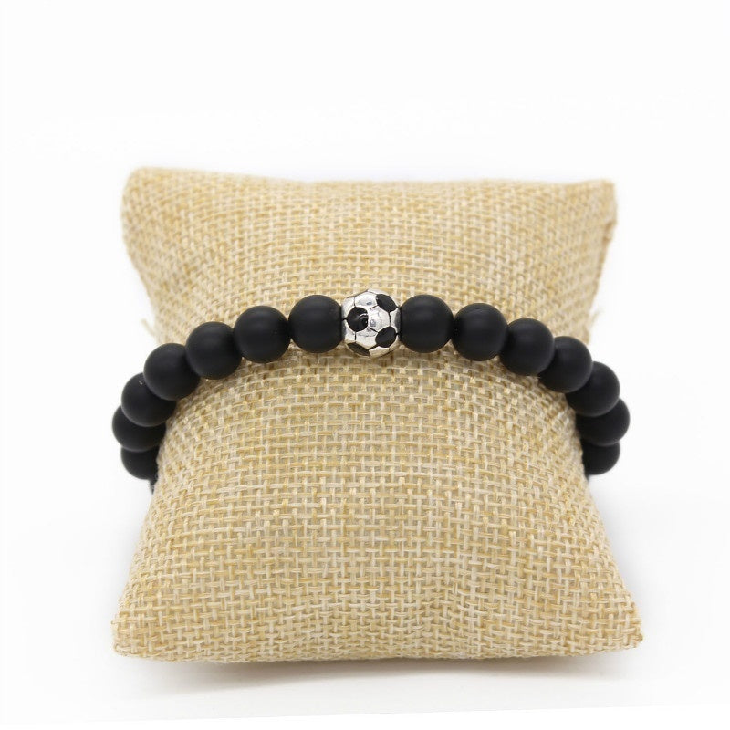 Girls Boys Natural Black Matte Stone Football Charm Beaded Bracelet