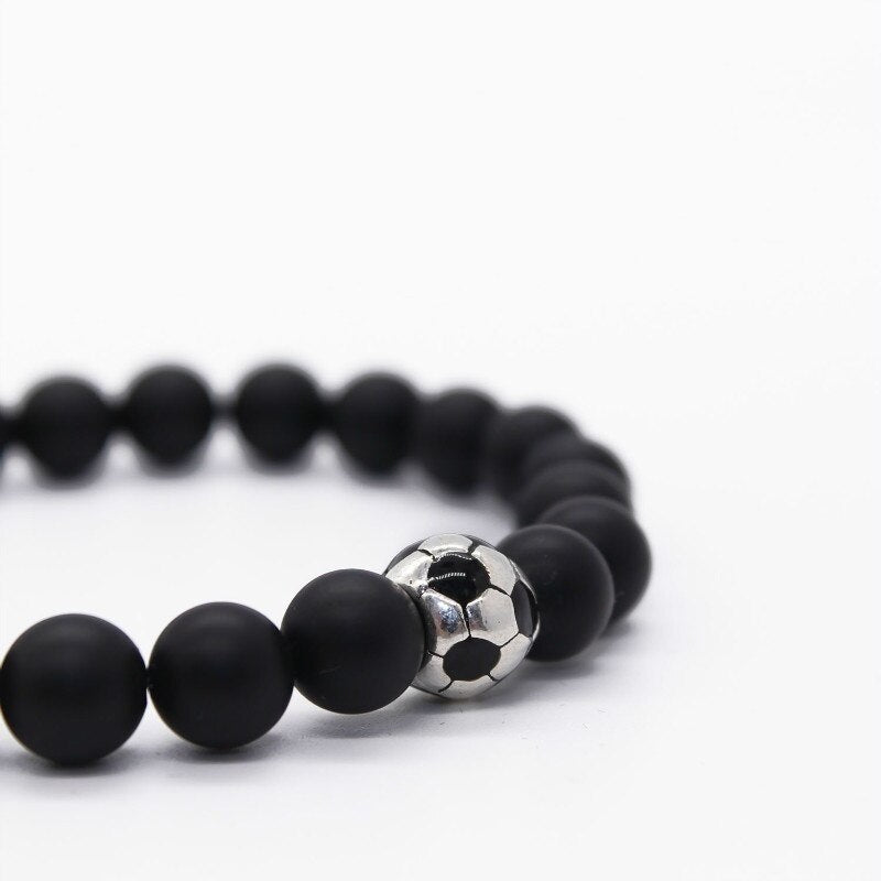 Girls Boys Natural Black Matte Stone Football Charm Beaded Bracelet