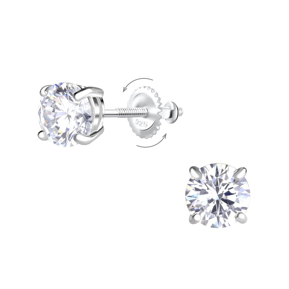6mm sterling silver stud earrings by Melchior Jewellery with clear round gemstones and secure screw back
