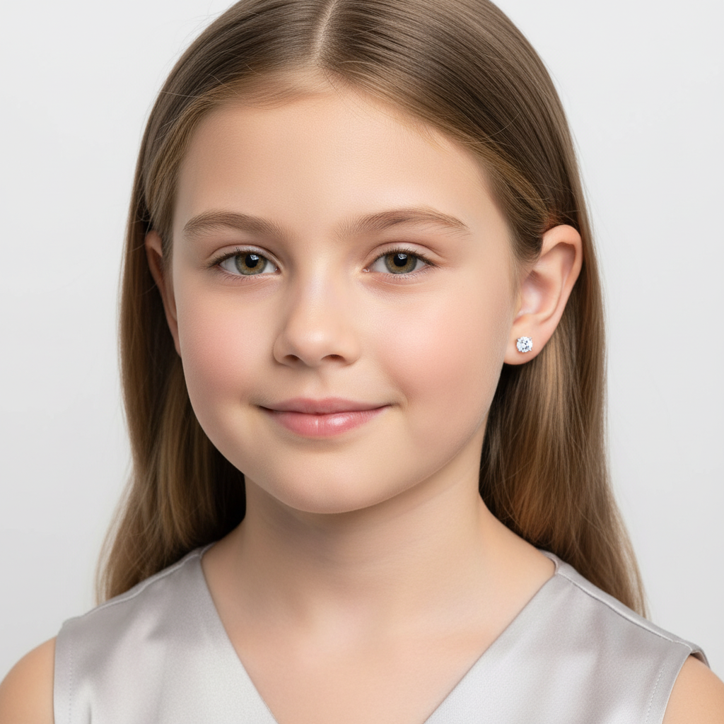 6mm sterling silver stud earrings worn by young girl from Melchior Jewellery with simple elegant design