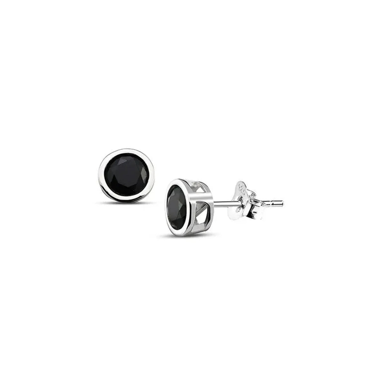 Black cubic zirconia stud earrings showing their silver settings and posts