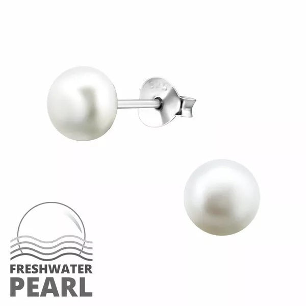 Sterling Silver White Fresh Water Pearl Stud Earrings - Choose Your Size