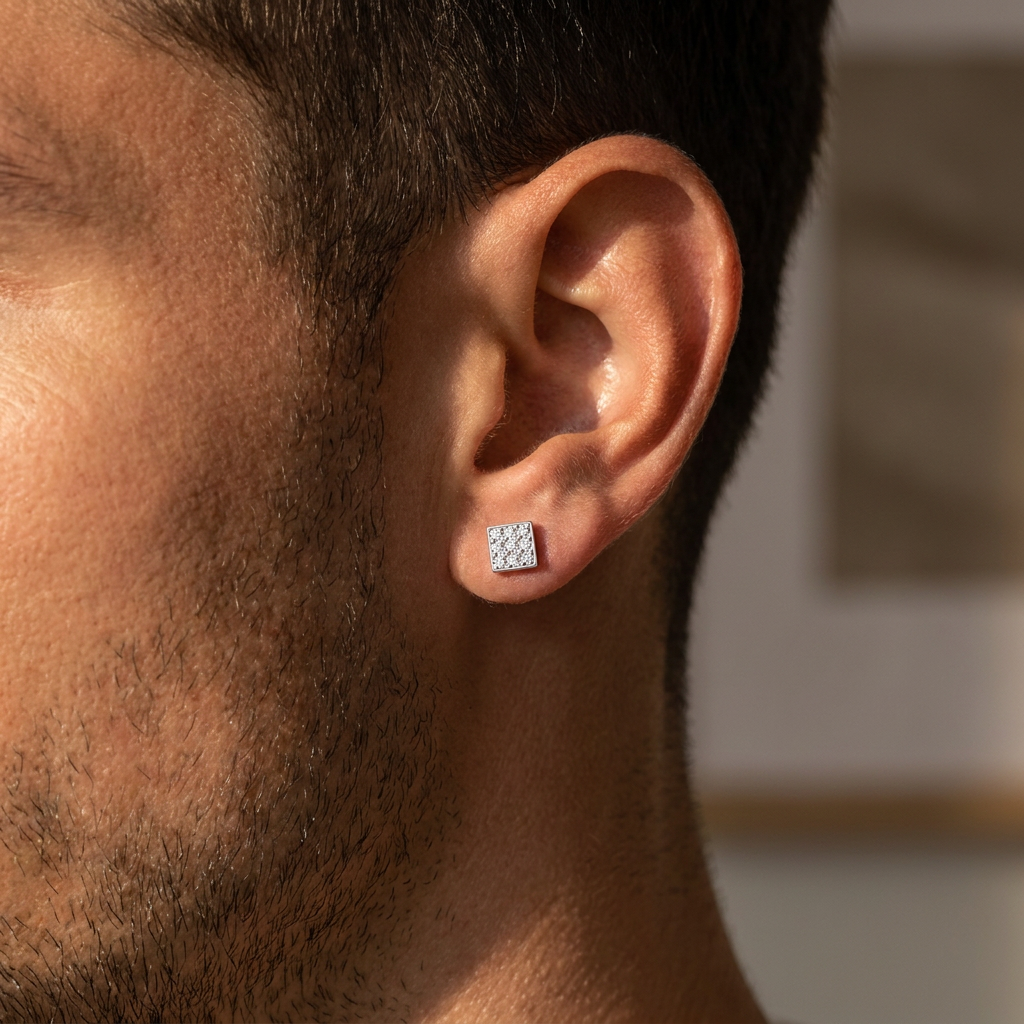 A close-up of a man's ear wearing a small square stud earring set with sparkling clear stones in a silver-toned setting.