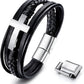 Mens Leather Braided Cross Bracelet With Magnetic Clasp