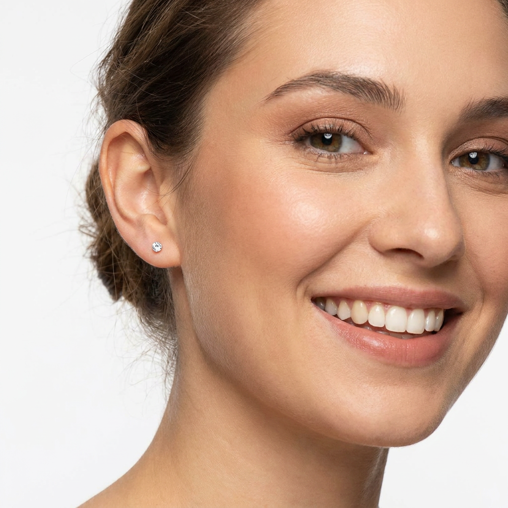 Close-up of a smiling woman wearing a small round stud earring on her ear, against a clean light gray background.