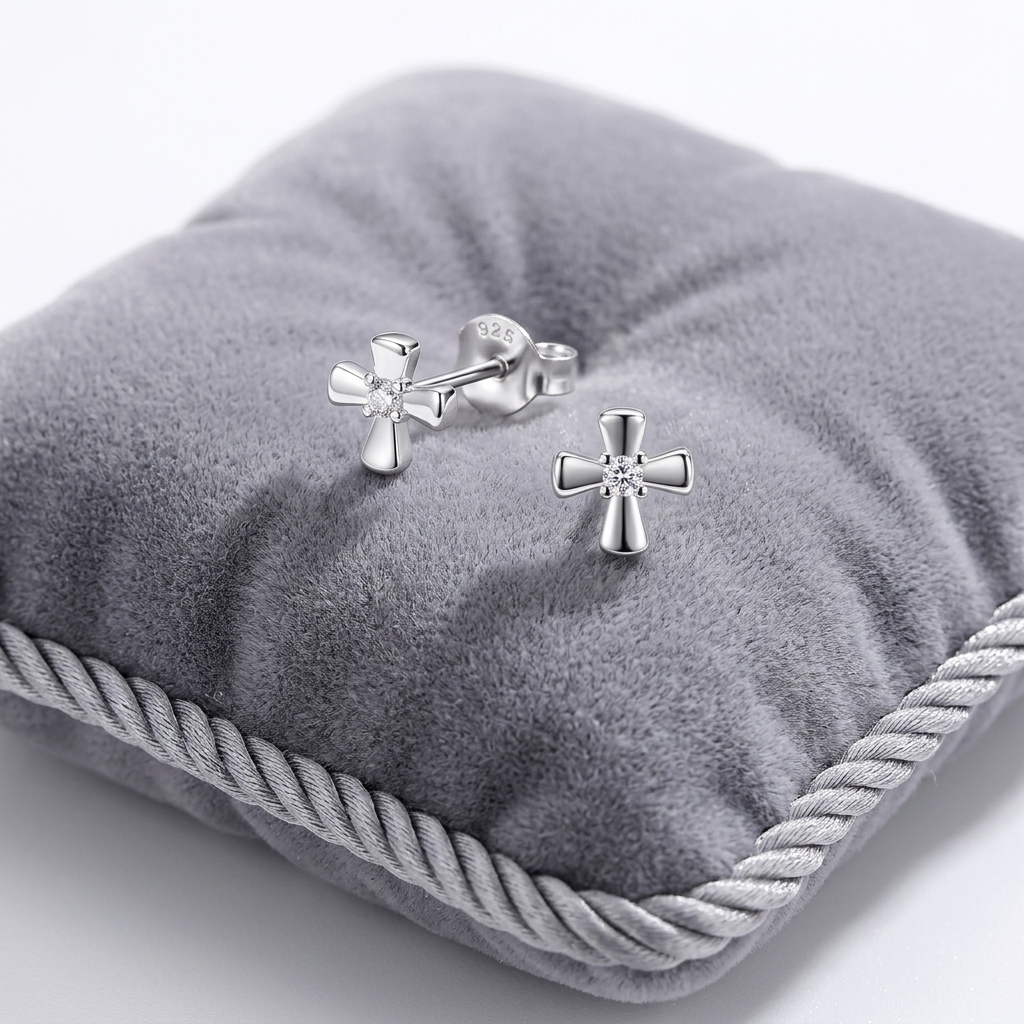 Sterling Silver Cross Stud Earrings With CZ Sparkle - Melchior Jewellery 
