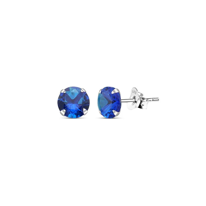 Sterling Silver Round CZ Sapphire Stud Earrings -Choose Your Size