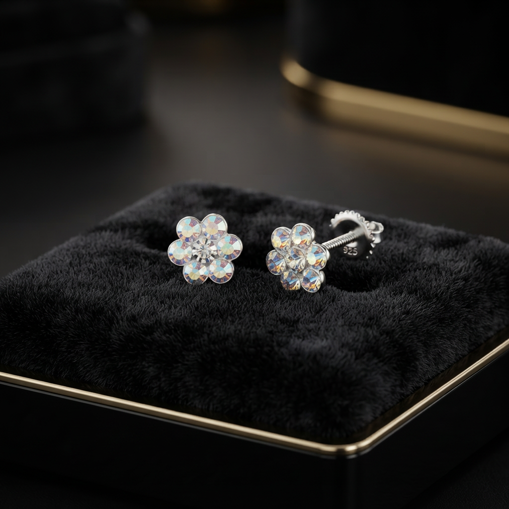 Sterling Silver Girls Diamante Crystal Screw Back Earrings