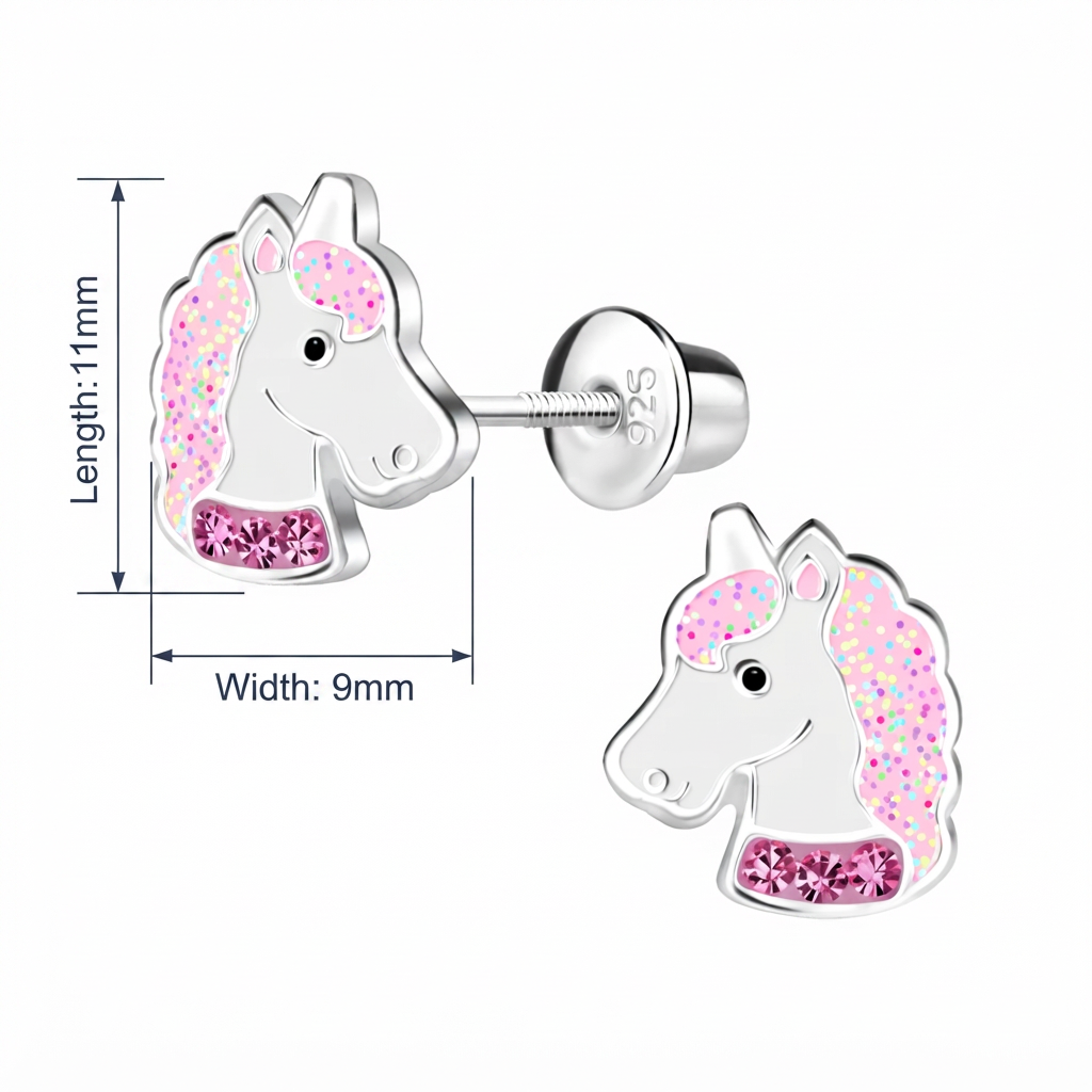 Silver unicorn stud earrings with pink glitter and rhinestone details, shown with dimension markings of 11mm length and 9mm width on a white background.