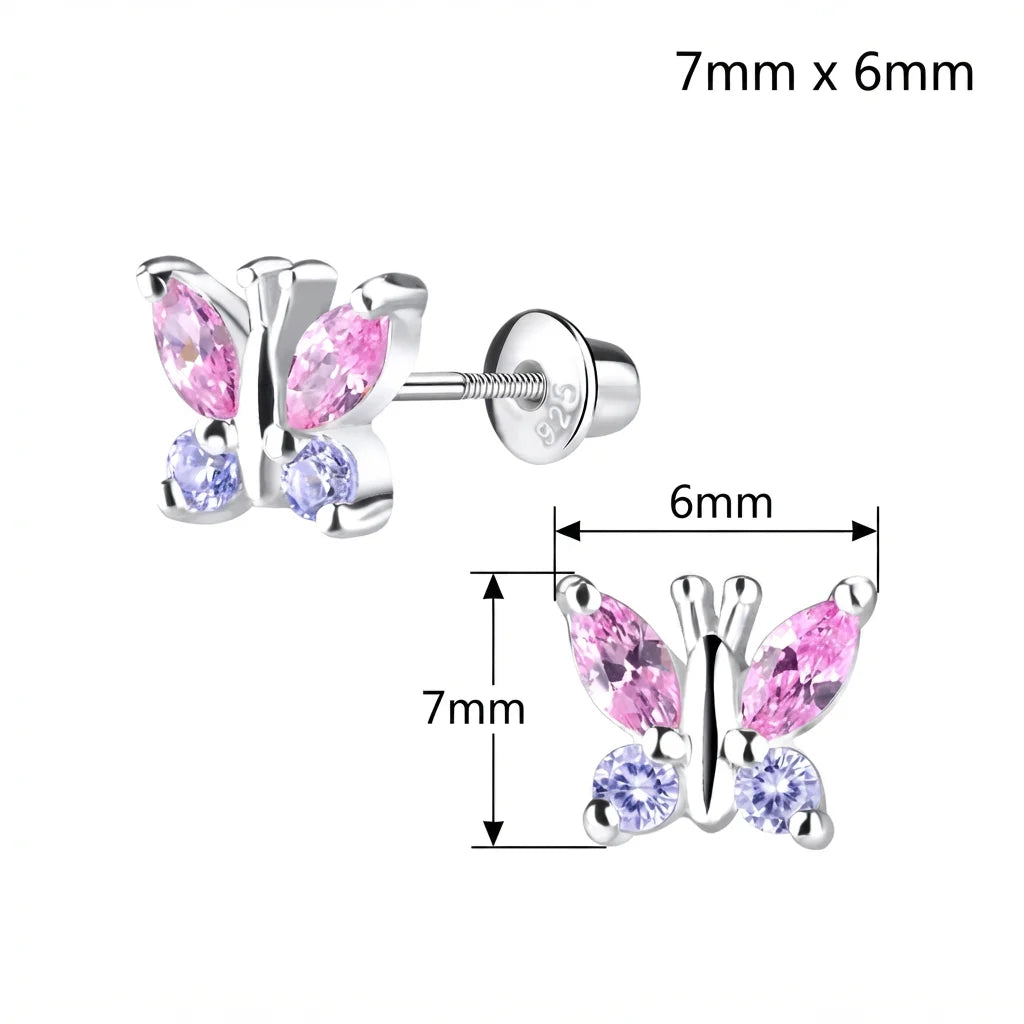 Silver butterfly stud earrings with pink marquise-cut stones and light purple round stones, shown on a white background with dimension labels reading 7mm x 6mm and a measurement inset.