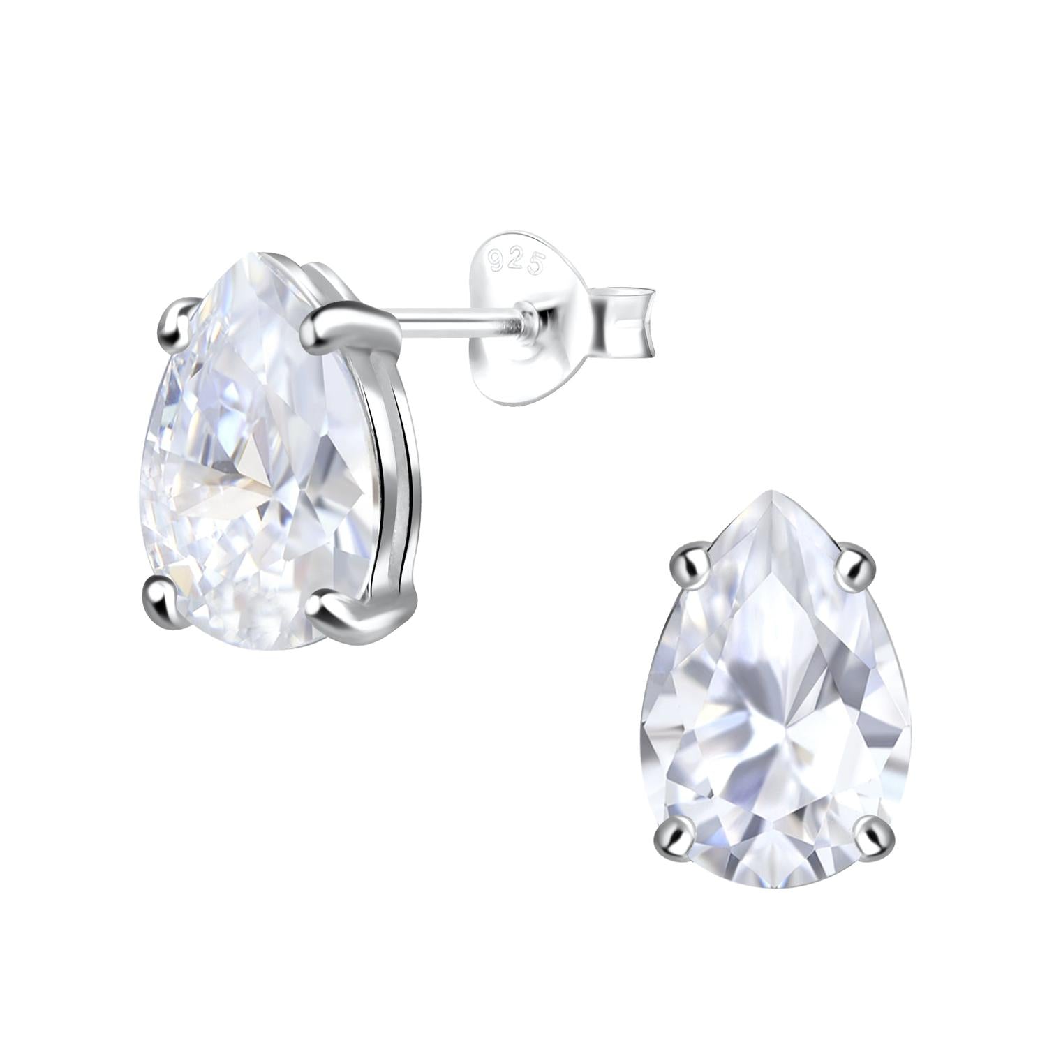 sterling silver Cubic Zirconia Pear Shape Stud Earrings with clear stones for women
