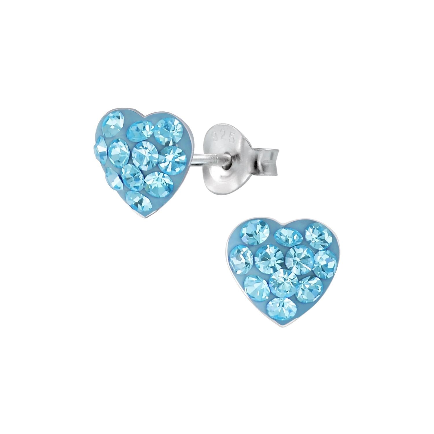 Sterling silver girls aqua heart stud earrings with blue crystals for children by Melchior Jewellery