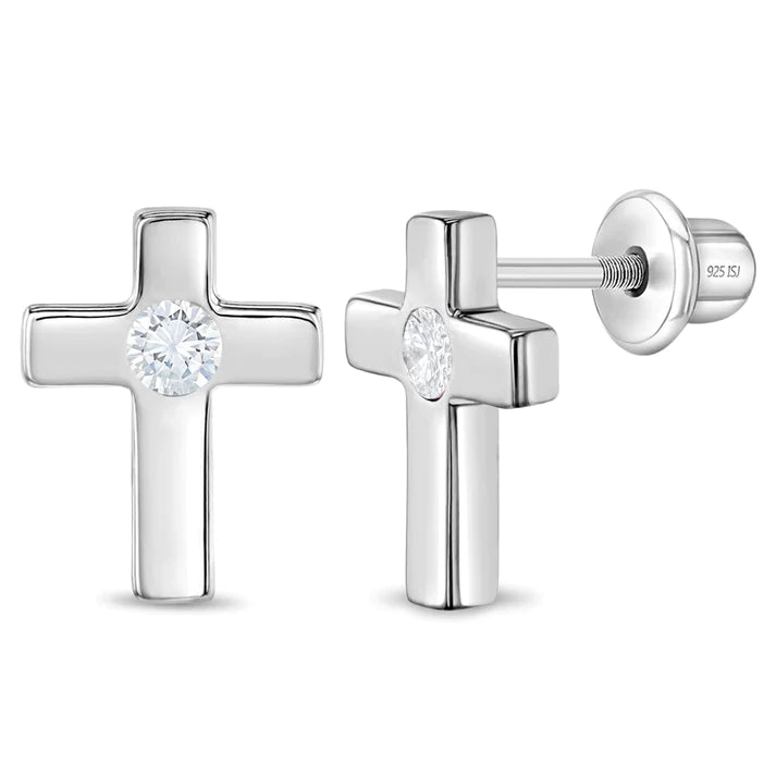 Sterling Silver Girls Polished Cross Screw Back Earrings