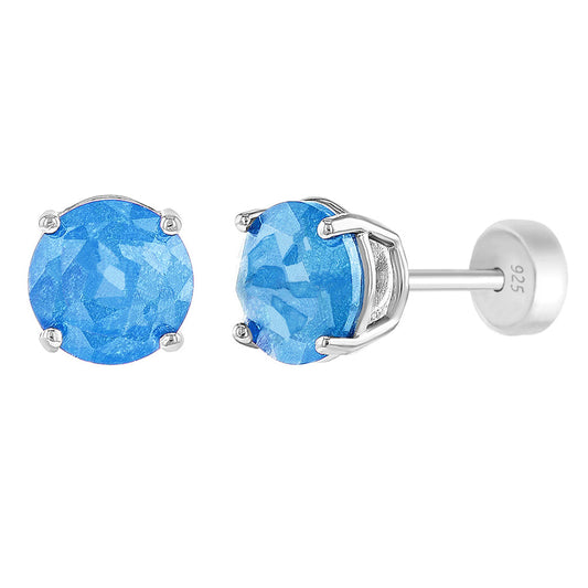 Girls Sterling Silver Striking Blue Prong Set Solitaire Safety Back Earrings