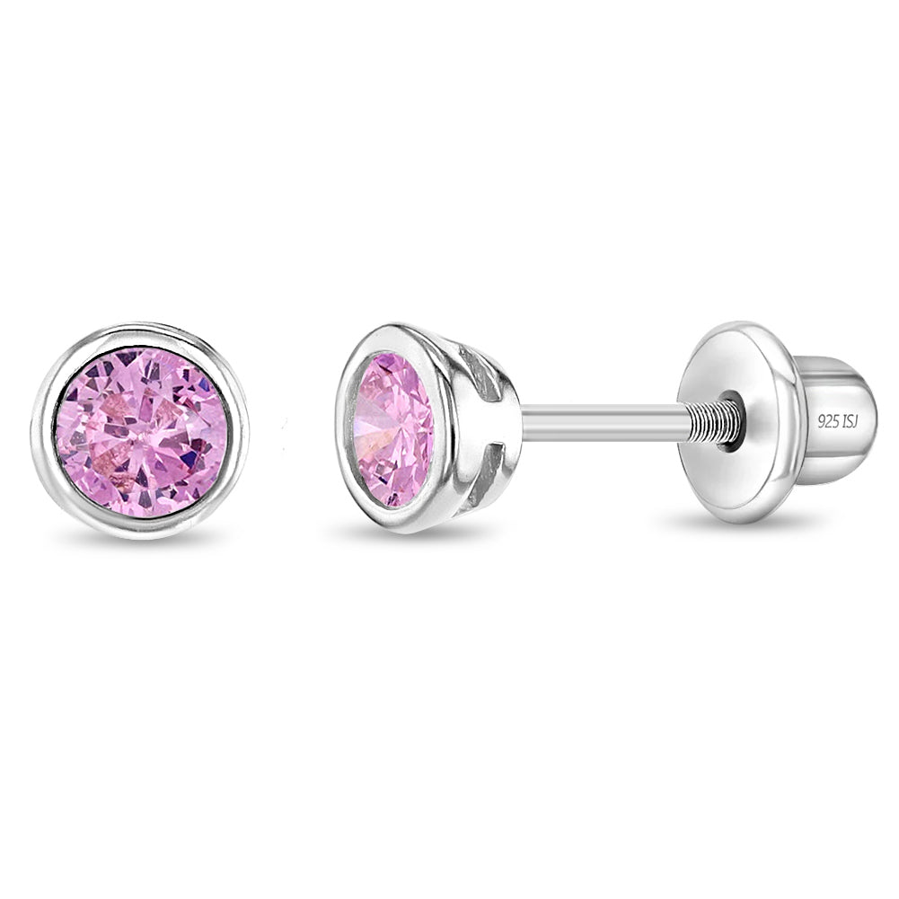 Sterling Silver 4mm Pink Bezel Set Solitaire Girls Screw Back Earrings