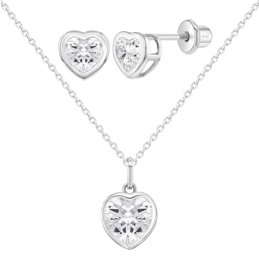 Girls Sterling Silver Small Simulated Diamond Heart Necklace Set