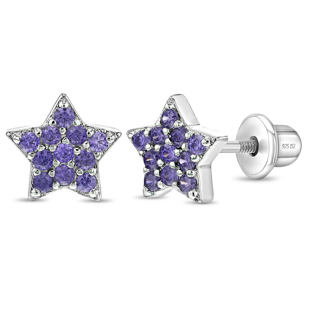Children's Sterling Silver CZ Purple Star Screw Back Earrings