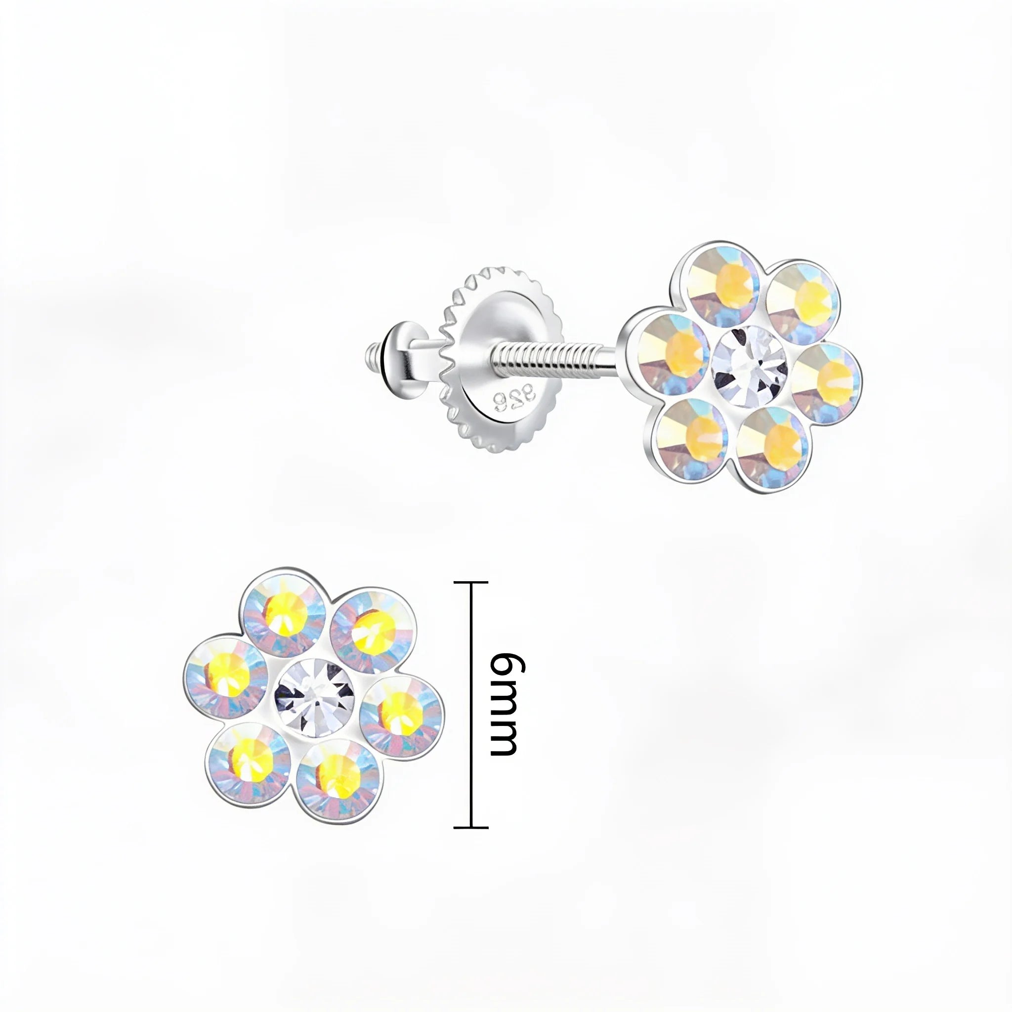 Silver flower-shaped stud earrings with iridescent yellow and blue rhinestones, shown from the front and back with a 6mm size marker on a white background.