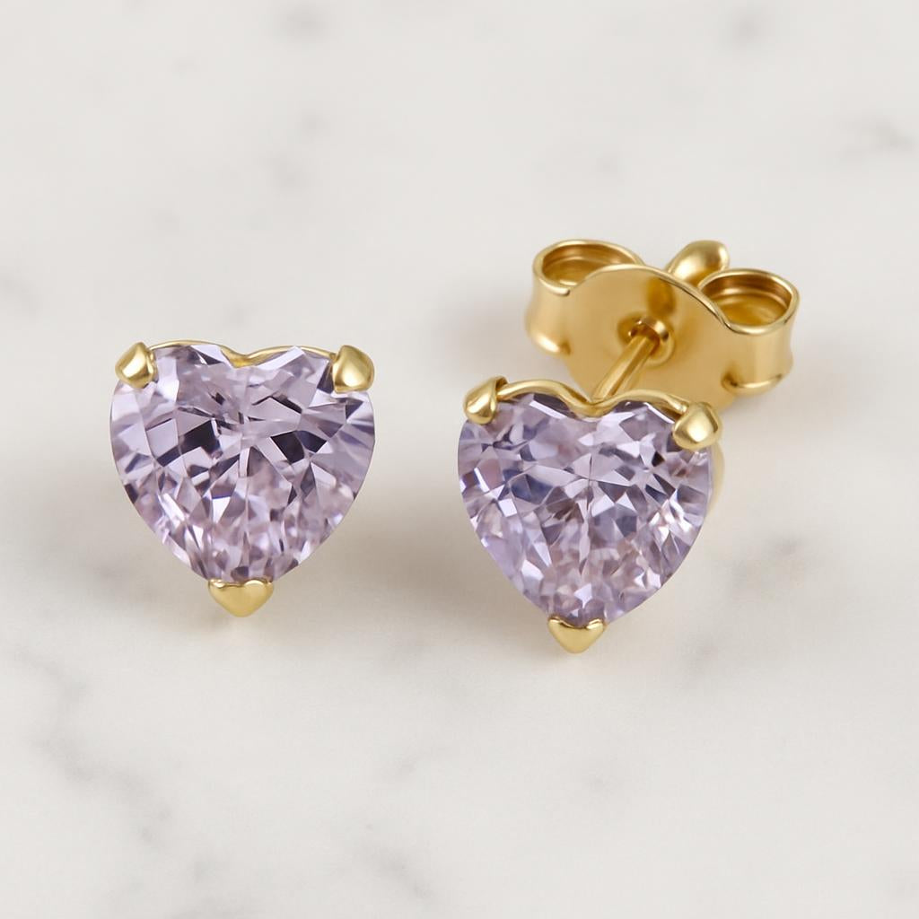 9ct yellow gold lilac heart stud earrings with faceted lilac gemstones by Melchior Jewellery