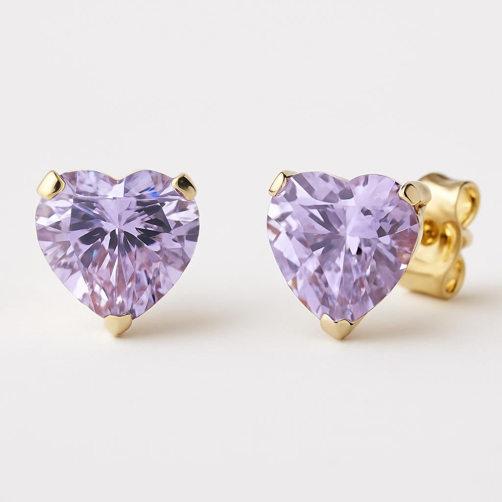 9ct yellow gold lilac heart stud earrings with faceted stones from Melchior Jewellery