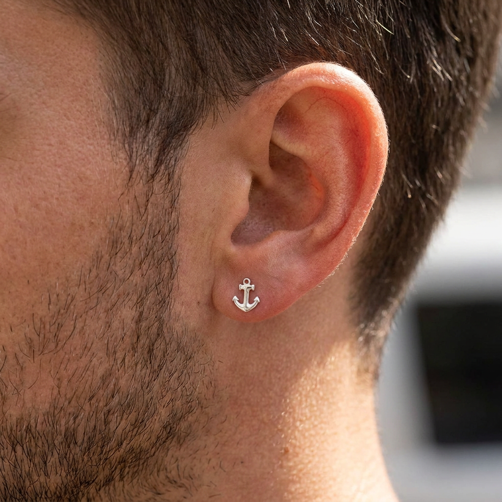 mens anchor stud earring with polished finish and butterfly back, white background