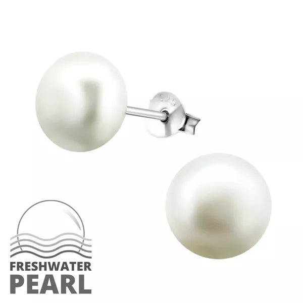 Sterling Silver White Fresh Water Pearl Stud Earrings - Choose Your Size