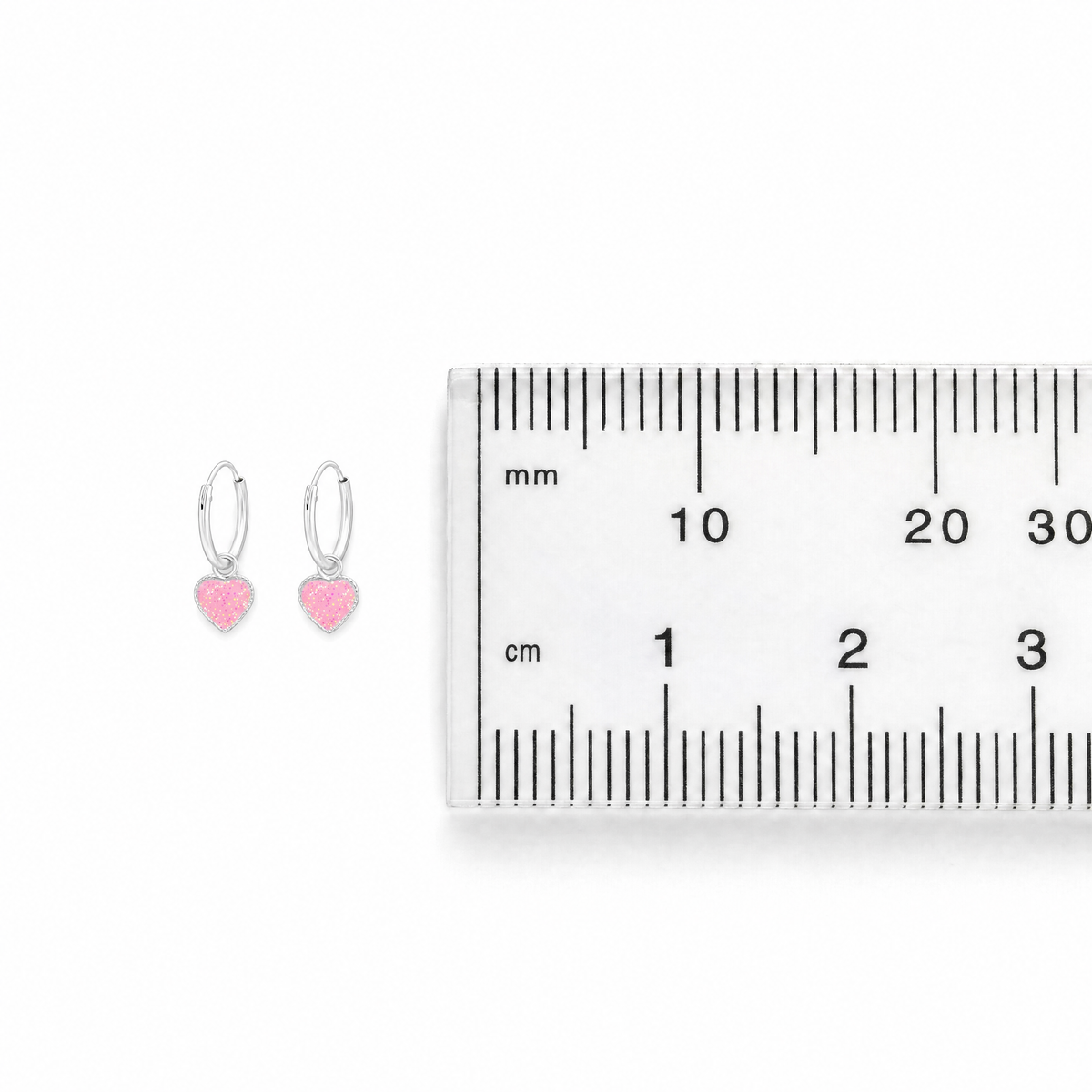 Sterling silver girls pink glitter heart charm hoop earrings size guide