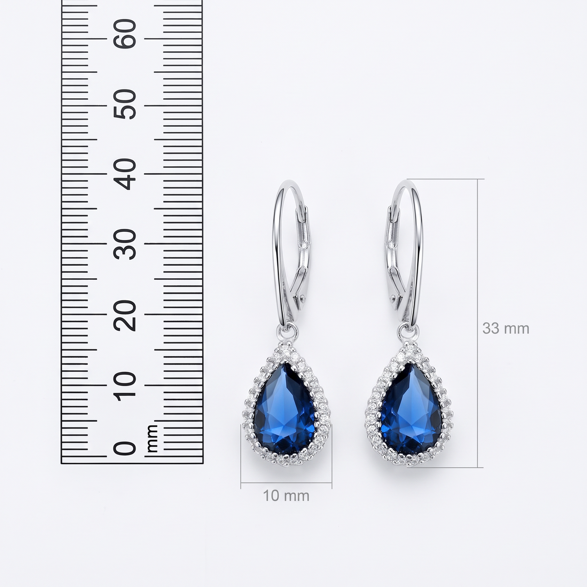 Sterling silver sapphire earrings showing size