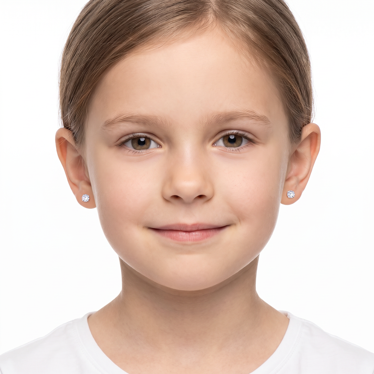 Sterling silver 3mm round moissanite stud earrings on young girl