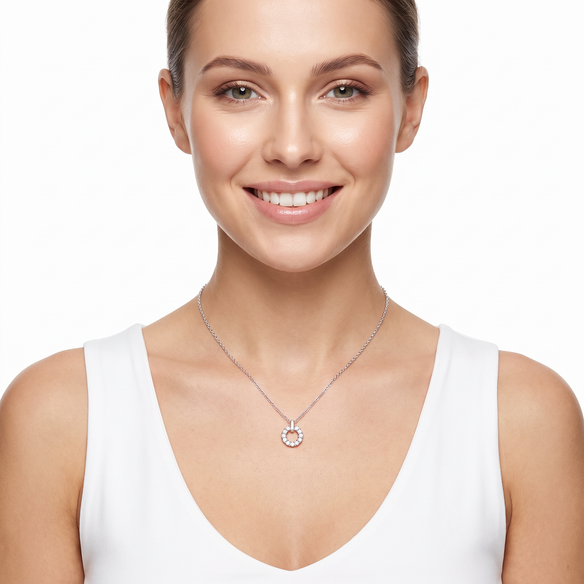 circular sterling silver necklace with sparkling white cubic zirconia on Woman
