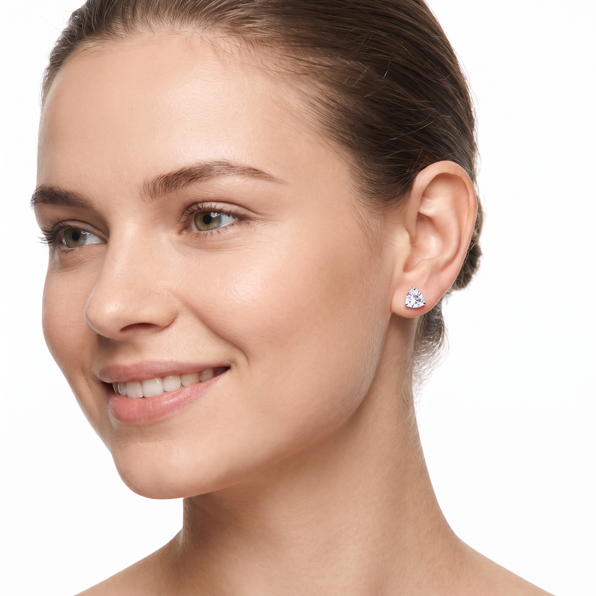 triangular cubic zirconia stud earrings in sterling silver on Model