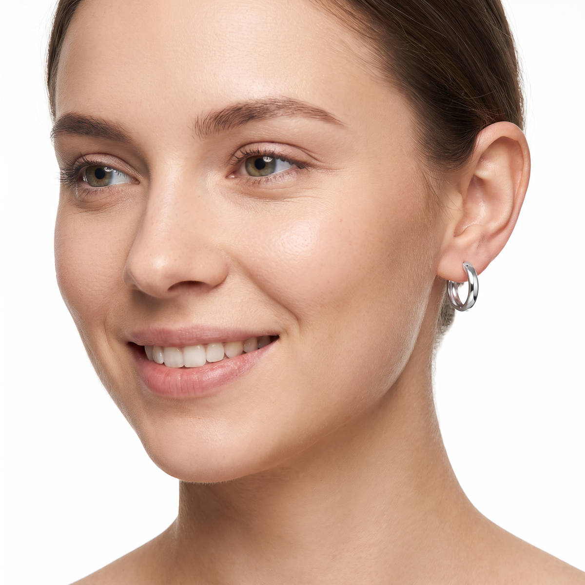 Sterling Silver 13mm Hinged Huggie Hoop Earrings on woman