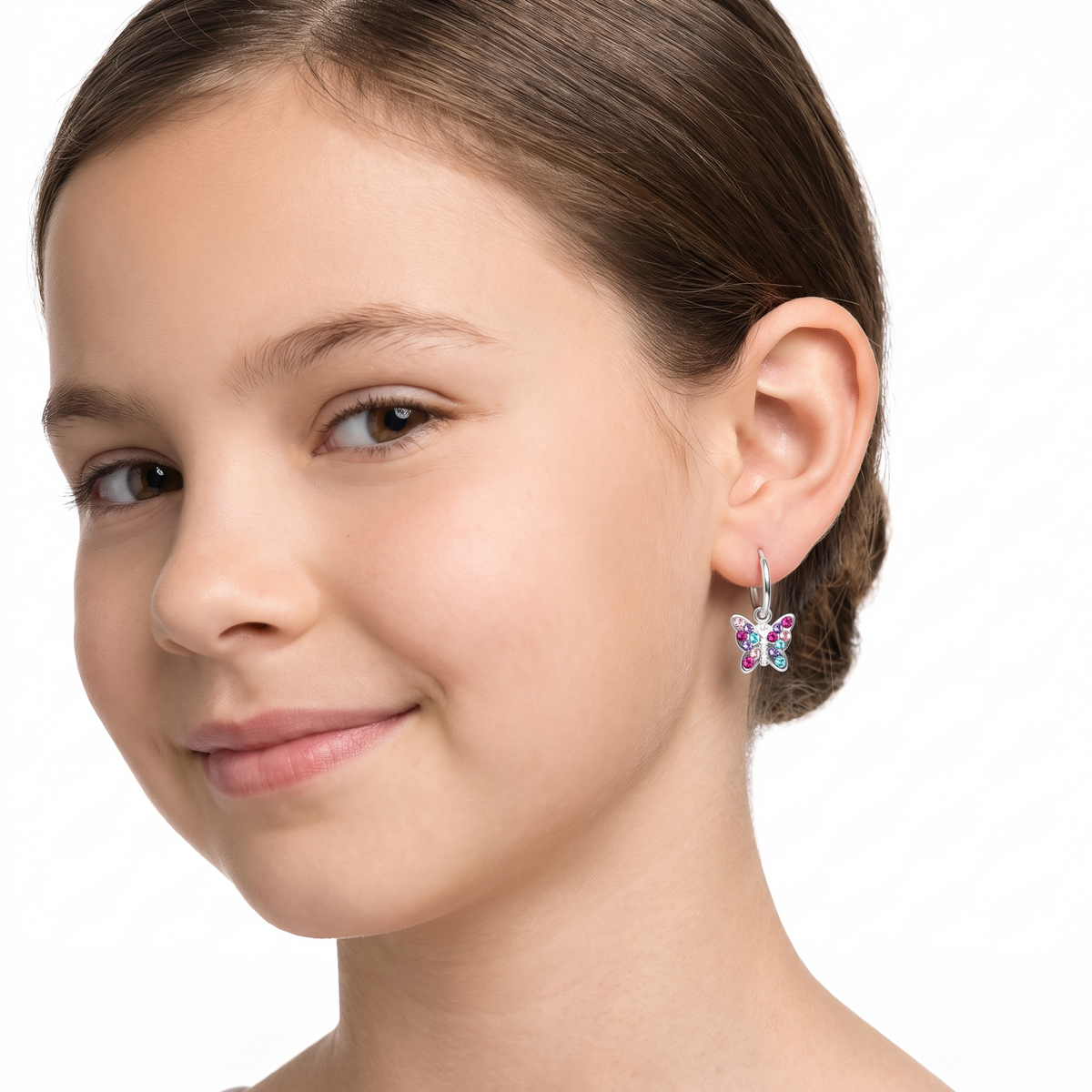 Girls sterling silver sparkly CZ butterfly earrings on 10 year old