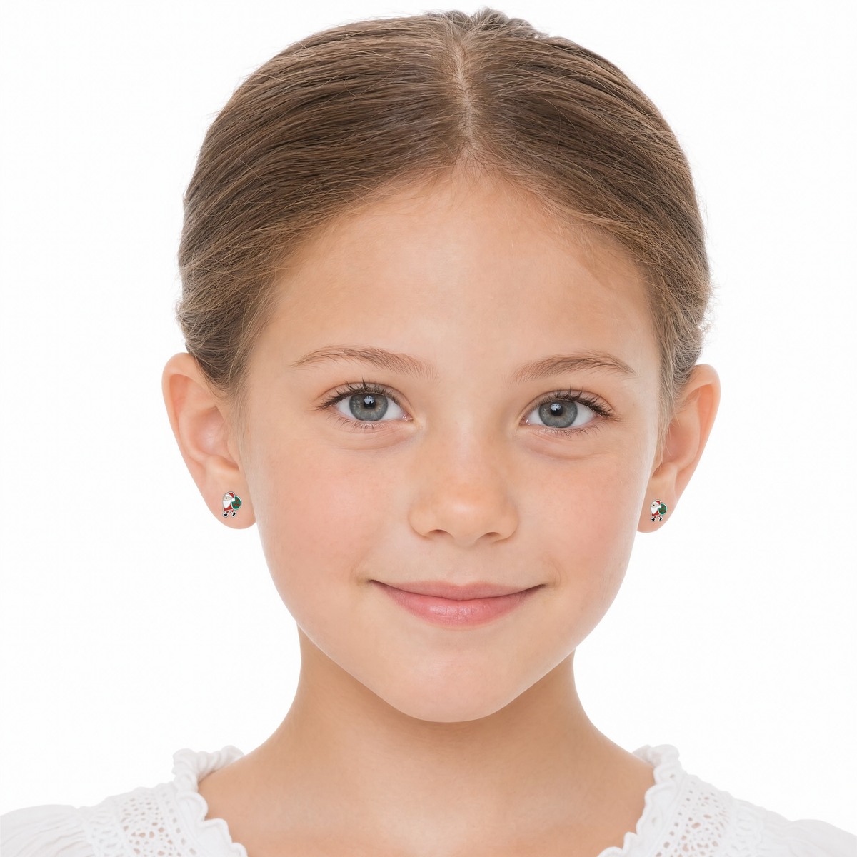 Sterling silver Kids Santa crystal screw back earrings on model