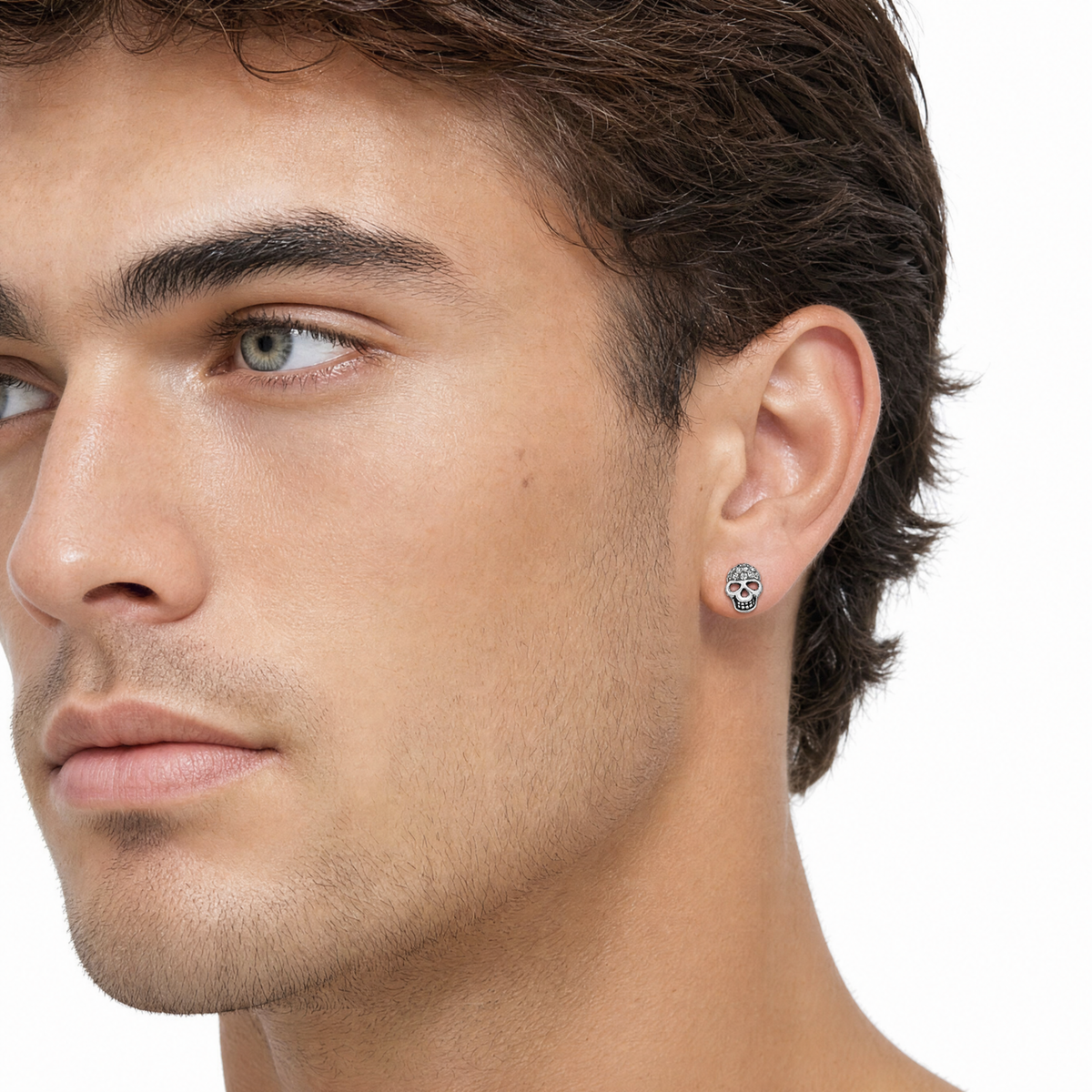 Sterling Silver Oxidized Crystal Skull Single Stud Earring on man