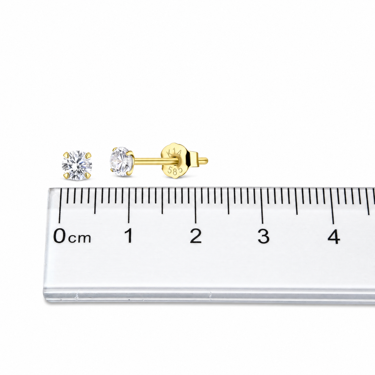 14k yellow gold clear round CZ earrings detail