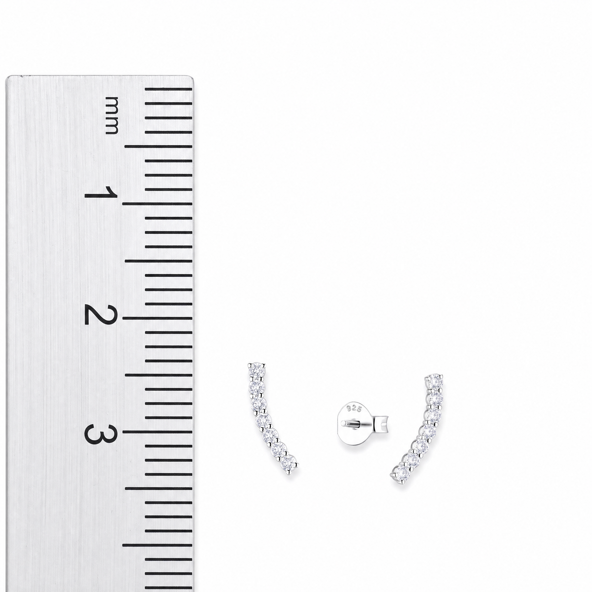Sterling silver curved CZ stud earrings size details