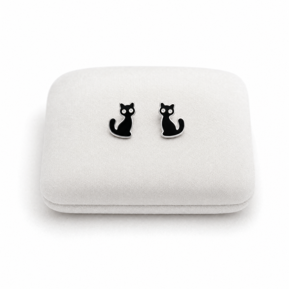 Girls sterling silver black crystal cat stud earrings On a Cushion