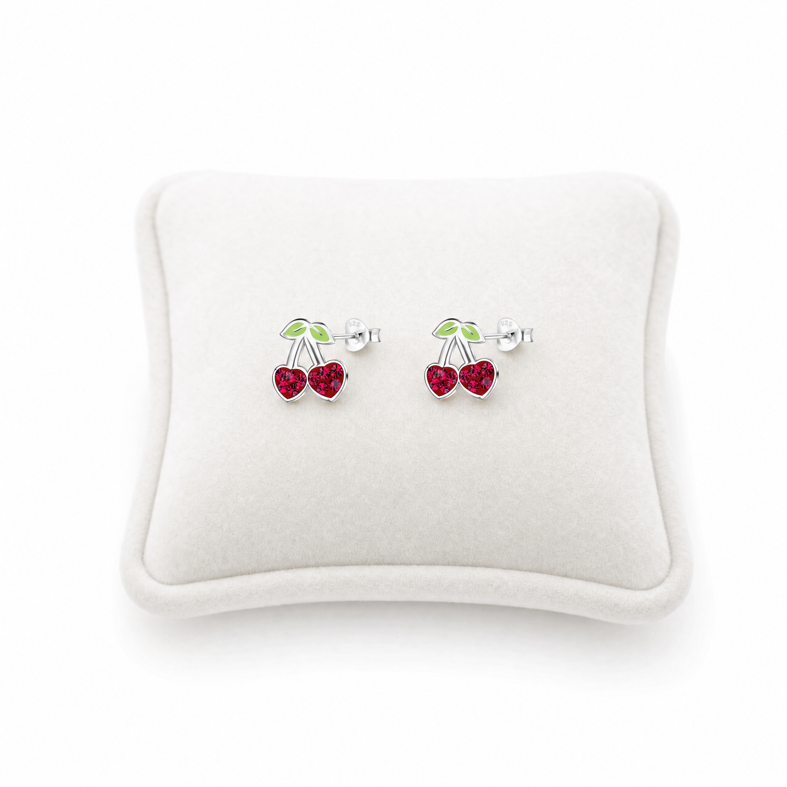 A pair of silver stud earrings shaped like cherries with red crystal bodies and green crystal leaves.