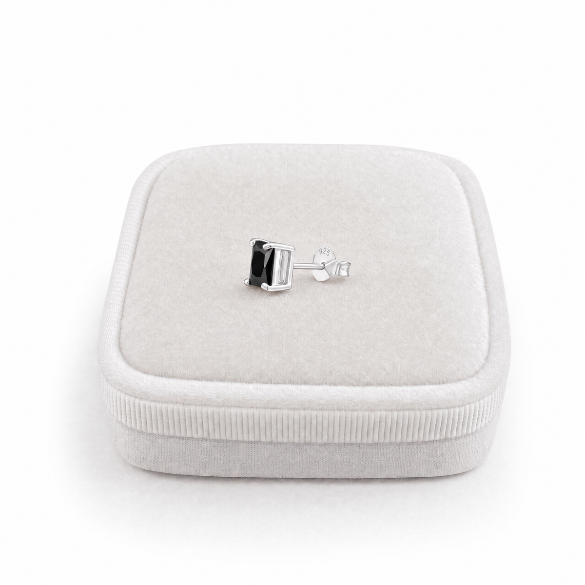Sterling Silver 6mm Black Square Stud Earring For Men on Jewellery Cushion