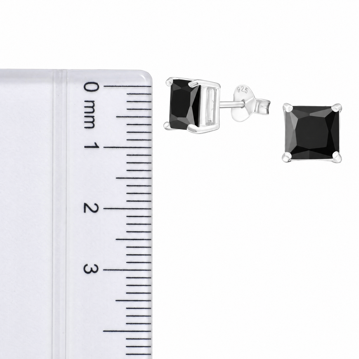 Sterling Silver 6mm Black Square Stud Earring For Men size shown on ruler